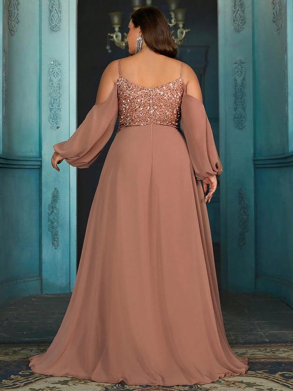 Women's elegant deep V-neck spaghetti strap sequin maxi dress,lantern sleeves chiffon dress, plus-size twisted waist A-line hem formal gown, holiday prom party dresses, wedding guest dresses, bridesmaid dresses,Champagne Color upscale cocktail dress