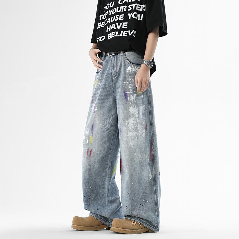 High Street New Trendy Brand Ripped Printed Jeans, Men's Washed Vintage High Street Long Pants for Spring and Fall, Loose Casual Versatile Straight Leg Pants, Niche Design Graffiti Splash Straight Mid-Rise Jeans, Wide Leg Trousers, Men's Jeans, Men's Bott