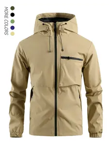 Men's Solid Pocket Drawstring Zip Up Hooded Waterproof Jacket, Regular Fit Casual Long Sleeve Windproof Coat for Fall & Winter,  Men's Jackets,  Men's Windbreaker for Outdoor Activities