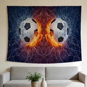Fire and Water Soccer Balls Tapestry Dynamic Sport Intense Energy Style Wall Hanging Suitable for Home Decor Valentine's Day Easter St.Patrick's Day Halloween Christmas and Other Festival Decorations.