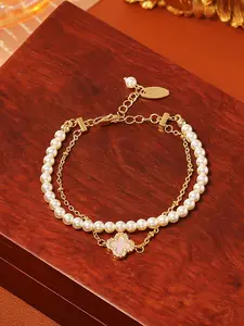 Natural Abalone Four-Leaf Clover Pearl Bracelet, Pearl Beaded Bracelet, Dual Layer Design, High-Quality Fashion Jewelry, Exquisite Bracelet, Elegant Jewelry Bracelet, Women's Gift, Artificial Pearl