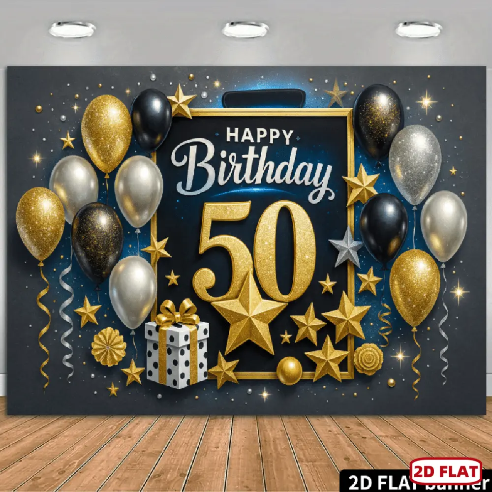 1pc 2D Flat banner High- End Black and Golden Birthday Backdrop Banner, Featuring Golden Calligraphy, Stars, Black and Golden Balloons, and a Gift Box. Made of, No Power Required. Suitable for Birthday Parties