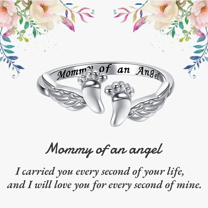 Women's Elegant Adjustable Polished Silver Footprint Wings Cuff Ring - Remembrance Costume Jewelry for Grieving Moms, Mommy of an Angel, Multi-Size Daily Wear Gift