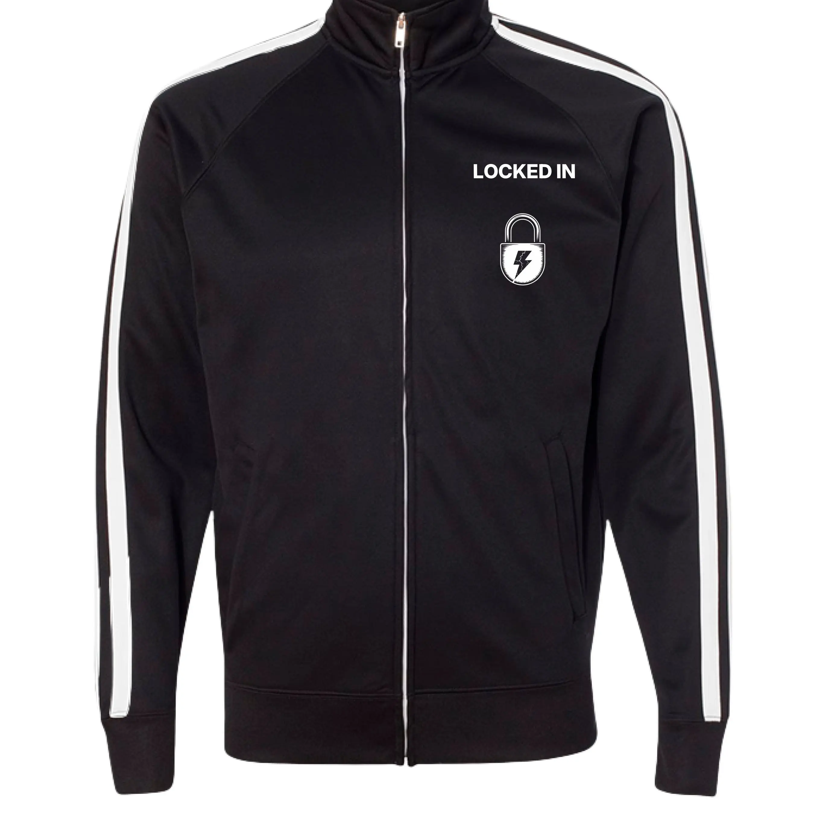Unisex 100% Polyester Fleece Track Jacket - Lightweight Full-Zip, Striped Sleeves, Media Pocket, 1x1 Ribbing at Cuffs & Waistband, Regular Fit, Motivational Bold Locked In Design, Thermal All-Season Athlete Sporty Chic Casual Workout Top (Size S), 1X1 Rib