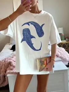 Soft Breathable Fabric Whale Shark Graphic Tee, Print, Oversized Casual T-Shirt for Women, Y2K Beach Vacation Outfit, Summer Travel Streetwear, Lightweight Comfy Material Loose Top for Daily Holiday Teen Girls