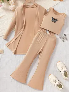3-Piece Girls Casual Set with Tank Top, Pants & Loose Long Sleeve Jacket, Comfortable Fashion for Spring & Fall, Daily Wear for Young Trendsetters, Fashion Style Sets, Summer Clothes Set