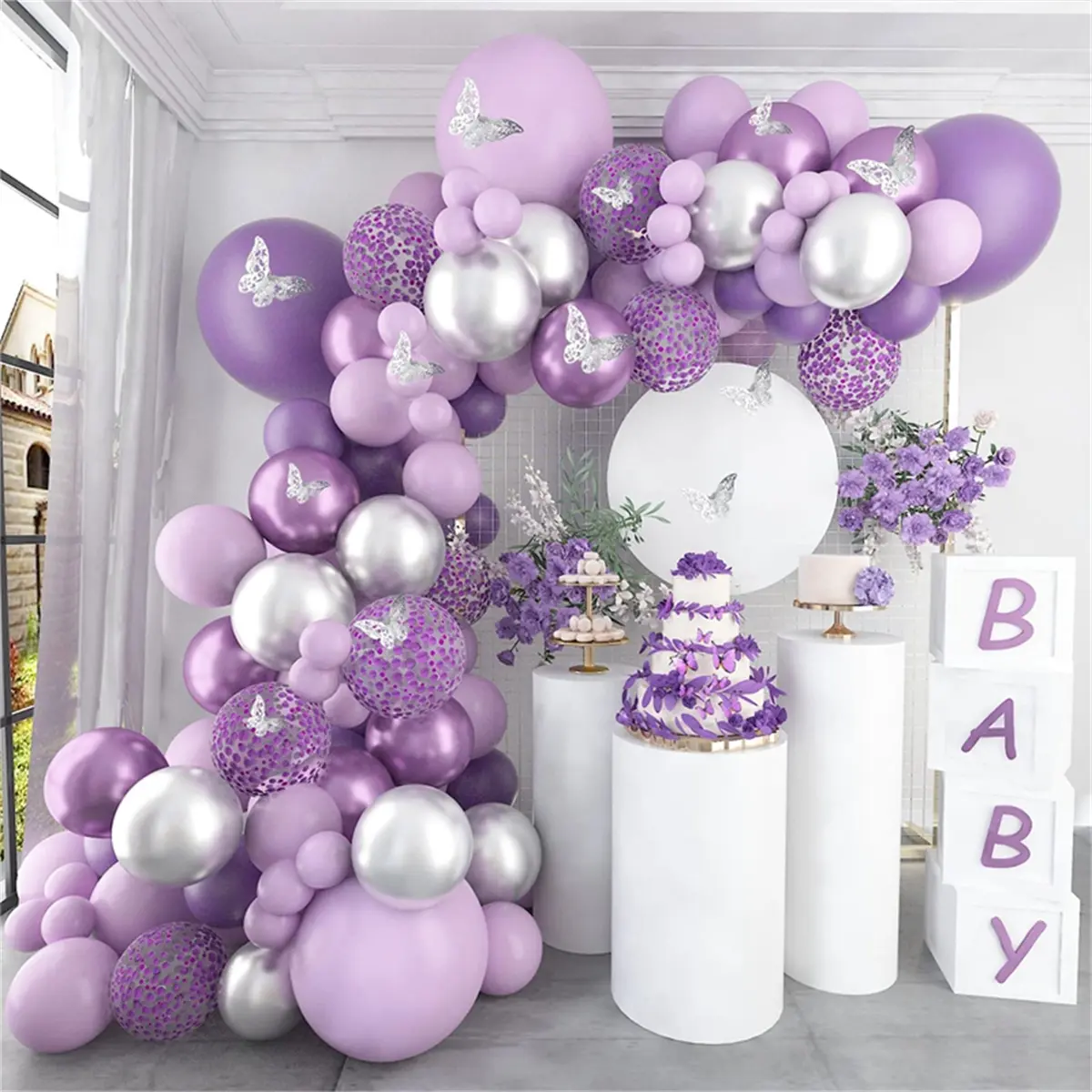 Purple Silver Butterfly Balloon Garland Arch Kit,118pc Latex Balloon for Wedding Birthday Party Decoration,Metallic Silver Confetti Balloon Decor