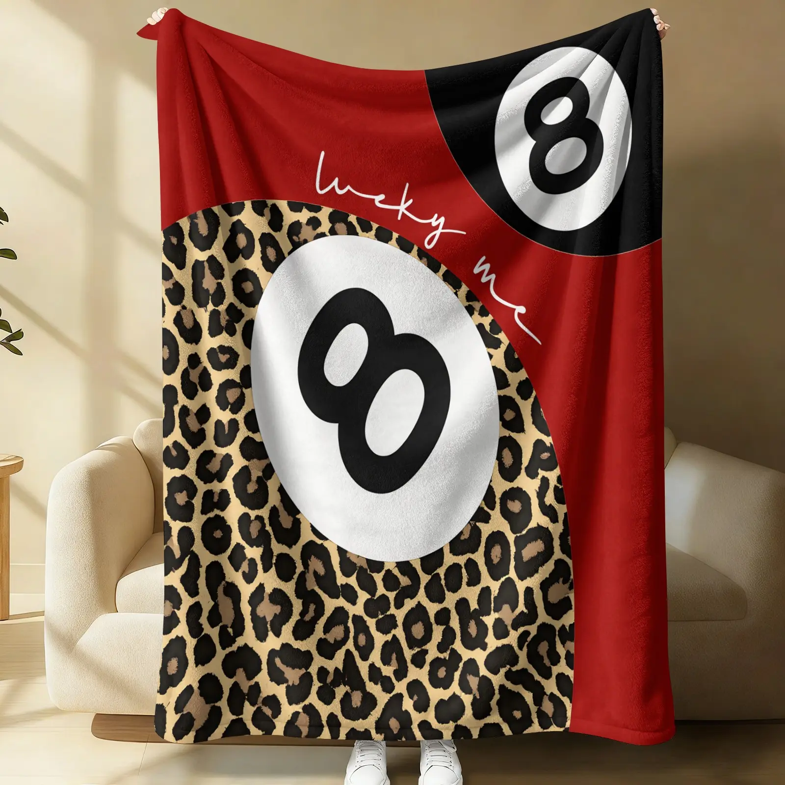 Y2K Lucky 8 Ball Leopard Print Throw Blanket, Retro Pool Ball "Lucky Me" Flannel Blanket, Red Black Split Design Blanket, Lightweight Soft Blanket for Bed Sofa Couch, Perfect Gift for Trendy Lovers