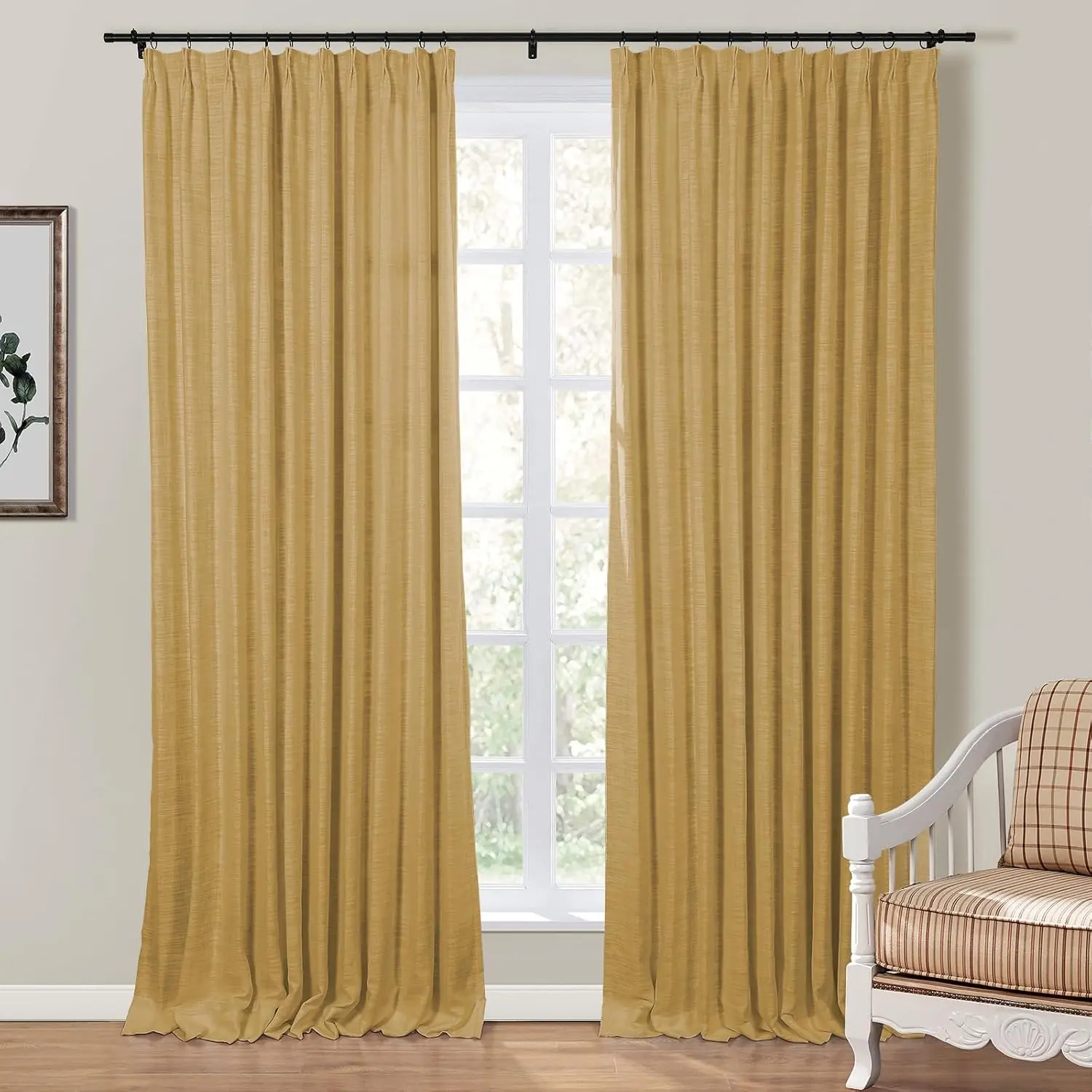 Signature Hardware 72 x 72 Mustard Yellow Pleat Curtain 12 Holes No Seam 100% Natural European Flax Semi-Sheer Breathable Sustainable