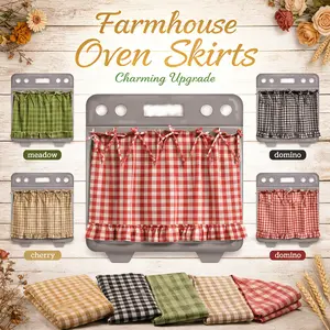 Rustic Farmhouse Oven Stove Skirt Curtain Grid Pattern Ruffle Edge Strap Cabinet Cover for Country Kitchen Decor Upgrade Curtain
