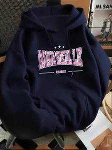 Autumn & Winter Fleece-Lined Hooded Sweatshirt, MARSEILLE Print, Suitable for Daily Wear & Outdoor Sports, Kangaroo Pocket, Soft Fabric, Comfortable & Durable, Minimalist & Fashionable, Men's Casual Pullover