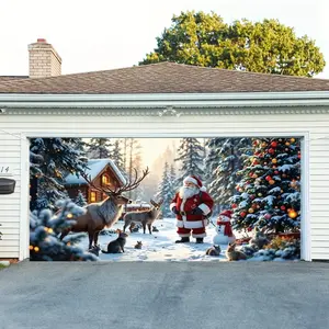 1pc Christmas Garage Door Banner, Polyester Holiday Wall Decor, Santa & Reindeer Scene, Outdoor Decoration for Halloween & Christmas Parties, Decorative Banner