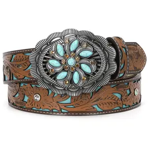 XZQTIVE Western Belts for Women Cowboy Cowgirl Floral Embossed Leather Belt with Fashion Rhinestone Turquoise Longhorn Bull Buckle Western Brown