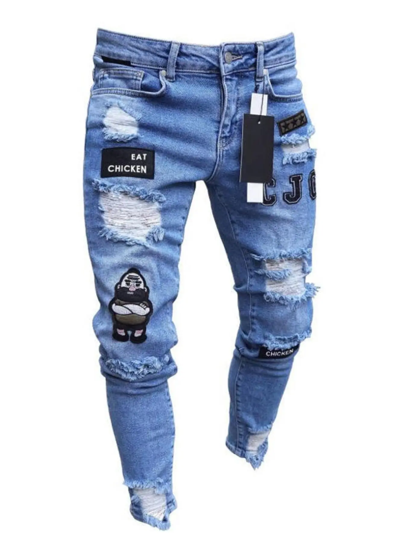 Men's Regular Fit Chicken Embroidery Ripped Slim Frayed Hem Jeans, Casual Comfy Denim Pants for Daily Wear, Fashion Men's Bottoms for All Seasons