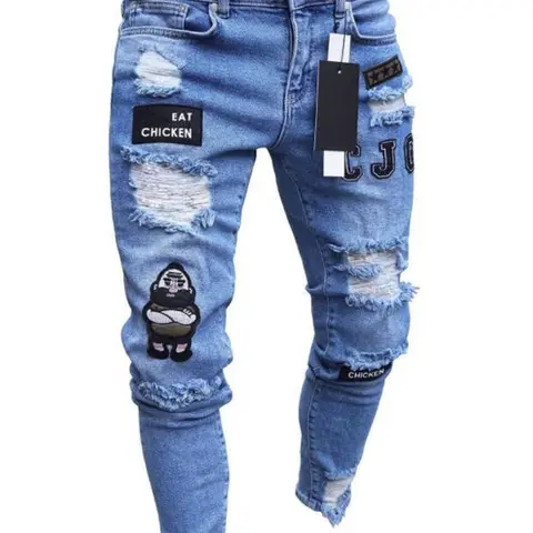 Men's Regular Fit Chicken Embroidery Ripped Slim Frayed Hem, Casual Comfy Denim Pants Jeans Style for Daily Wear, Fashion Men's Bottoms for All Seasons