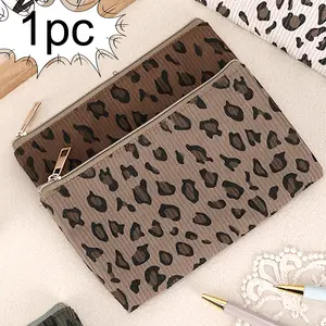 Leopard Print Corduroy Single Layer Pencil Case / Flat Cosmetic Bag, Multi-Purpose Portable Pouch for School, Office & Daily Use