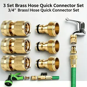 3-Set Brass Hose Quick Connector Set, 3/4 Inch GHT Thread Solid Brass Garden Water Connectors with Leakproof Seal, Easy-Connect Fittings for Male/Female Hoses, Enables Effortless Connection