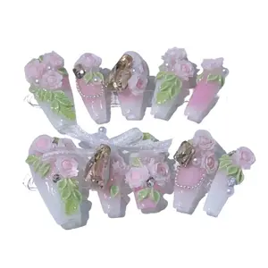 Handmade Nail art Original Wear Nail Rose Love Story removable nail patch Pink+White