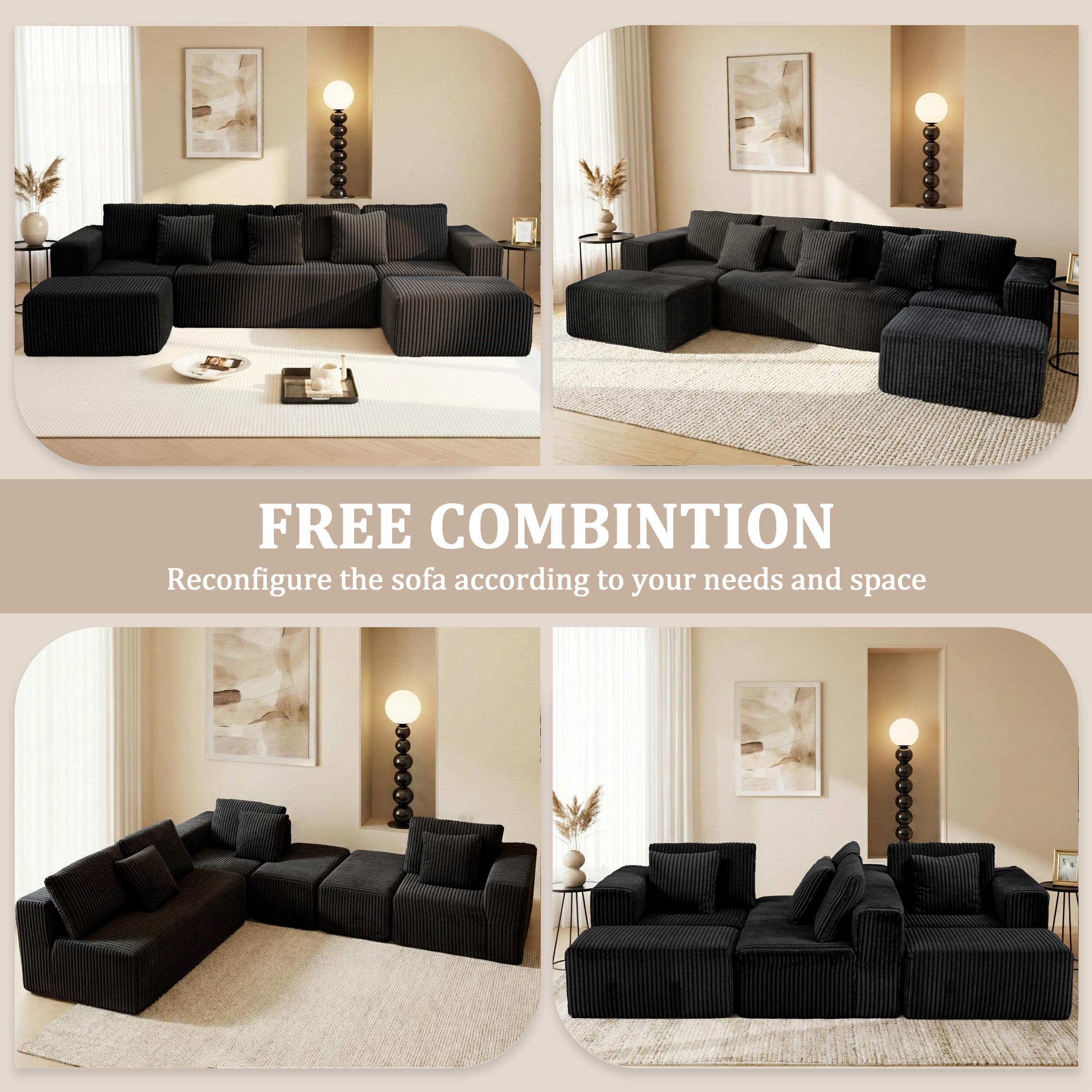 [3 or 2 Packages Shipped] [sectional sofa couch] Niccae U-shaped Modular Sectional Sofa, Compressed Corduroy Fabric, Modern Style Living Room Sofa Bed, Space-Saving Recliner Design - Convertible Corduroy Sectional Sofa