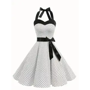 Elegant Retro Polka Dot Dress for Women with Ribbon Waist, Halter Neck, A-Line Skirt, Machine Washable, Polyester Black & White Chic Womenswear