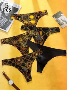 Men's Summer Comfortable Fabric Elegant Underwear, 5pcs Printed Design, Trendy Casual Style, Abdominal Control, Breathable Soft Stretch Briefs, Tummy Control Briefs