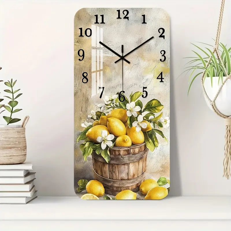1pc of a Non-Ticking Wooden 2D Flat Wall Clock, Featuring a Decorative Square Design with Lemons And Flowers, Suitable for The Kitchen, Study, Hallway, Living Room, Or Studio (Battery Not Included)