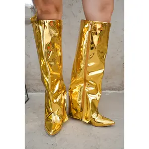 Resara Pointy Toe Metallic Knee-High Boots - Gold