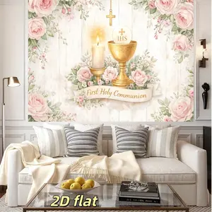 2D flat 1pc first communion themed background cloth, with golden chalice, cross and pink rose elements, suitable for indoor religious ceremony decoration, communion and baptism themed decorative banners, multiple sizes available, polyester material