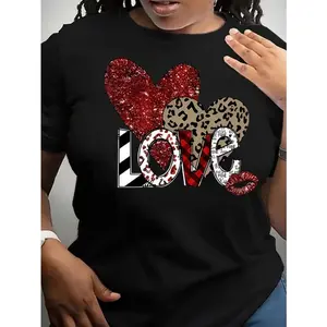 Plus Size Women's Cute Love Heart Lips & LOVE Lettering T-Shirt Short Sleeve Crew Neck Casual Blouse for Spring Summer Outfits Clover Print Heart Pattern Machine Washable Top chris sturniolo star Cotton Short Sleeve T-Shirt Unisex Graphic T-Shirt women