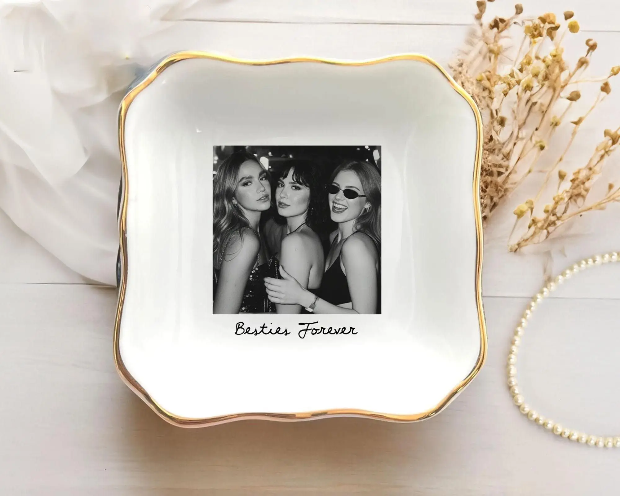 Personalized Bestie Photo Jewelry Dish: Ceramic Trinket Tray for Best Friend, Birthday Gifts For Bestie