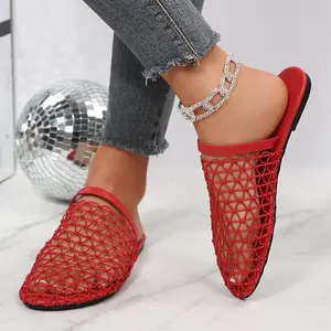 Women's Shiny Rhinestone Net Mules Open Toe Breathable Flat Slippers Indoor Outdoor Shoes for Evening Events