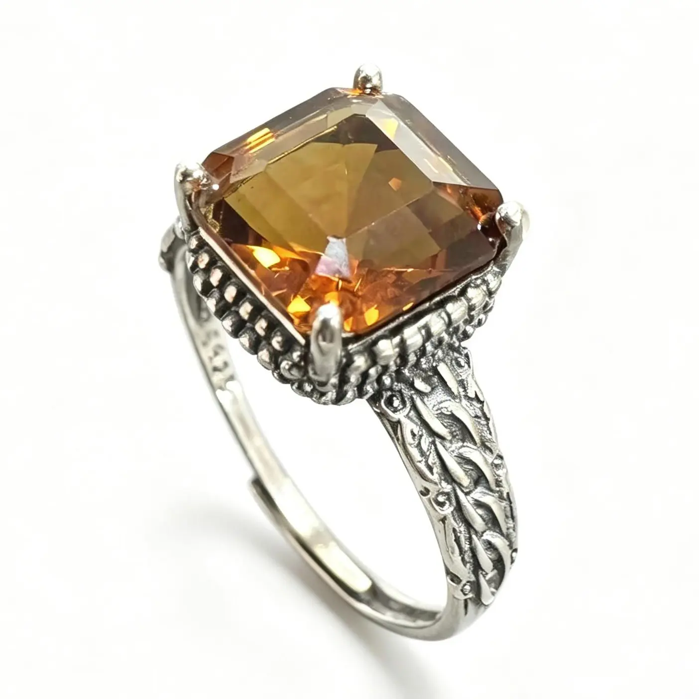 Bohemian Bold Unisex Vintage Natural Crystal Ring - 925 Silver, Adjustable, 10×10mm Beaded Halo Citrine Ring