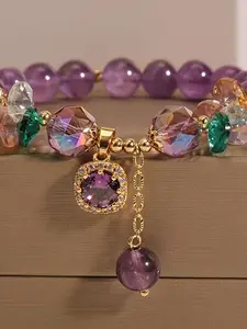 Vintage Amethyst Bead Bracelet, Cubic Zirconia Inlaid, Fashionable Women's Jewelry, Perfect for Daily Wear and Gifting