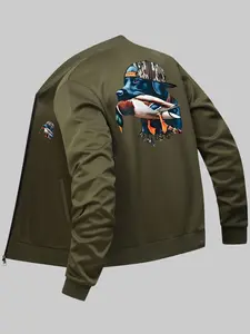 Men's Dog & Duck Print Zip Up Baseball Collar Jacket, Casual Long Sleeve Pocket Outerwear for Fall & Winter, Men's Clothes for Daily Wear