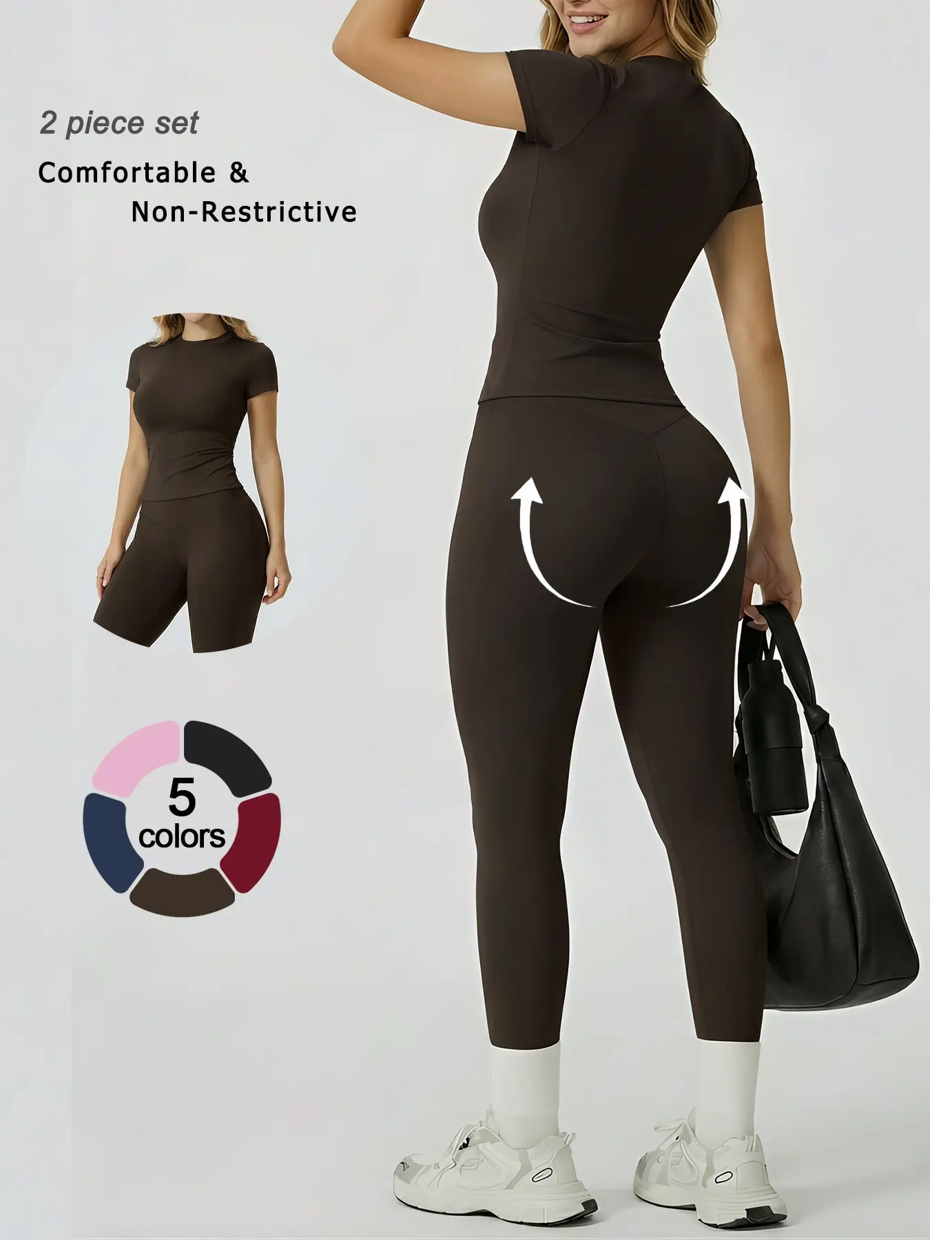 2 Piece Women's Yoga Outfits, Athleisure Sportswear Set, Exercise Clothing Set, Crew Neck Short Sleeve Top High Waist Butt Lifting Leggings Solid Color Soft Breathable Nylon Fabric Sports Fitness Wear for Gym, Outdoor Fitness & Daily Wear