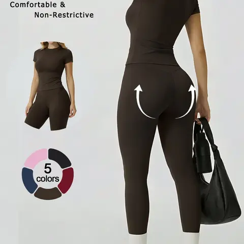 2 Piece Women's Yoga Outfits, Athleisure Sportswear Set, Yoga Clothes Set, Crew Neck Short Sleeve Top High Waist Butt Lifting Leggings Solid Color Soft Breathable Nylon Fabric Sports Fitness Wear for Gym, Outdoor Fitness & Daily Wear