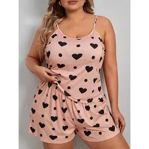 [Plus Size] Heart Polka Dot Print Pyjama Set, Casual Spaghetti Strap Cami Top & Elastic Waist Shorts Pj Set, Women's Sleepwear & Loungewear