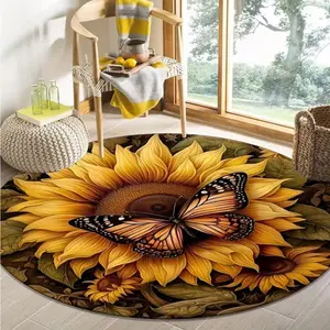 Charming Butterfly and Sunflower Circular Floor Mats for Living Room and Bedroom Decoration Fashionable Floor Mats for Home Decorators Modern Homeowners