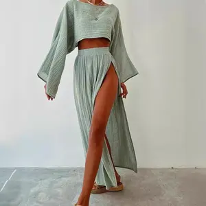 Leisure Vacation Linen Blend Short Top High Waist Chic Slit Cotton Linen Casual Two-Piece Suit Suit Target Ribbed Matching Set Womenswear