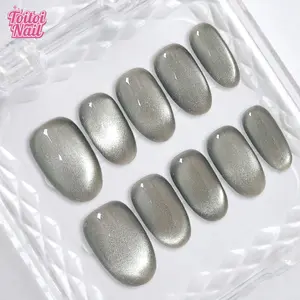 Silver Cat Eye Handmade Press-On Nails | Short Oval Shape, 10pcs | Cool Silver Gray Cat Eye Design | Metallic Shimmer Finish | Reusable DIY Nail Kit for Women | Trendy Nails for Spring, Summer, Travel & Daily Wear | Edgy Cool Look | Nail Art