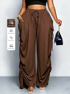 Plus Size Women's Casual Loose-Fit Wide Leg Pants, All-Season Woven Fabric, Long Plain Design, Daily Commute & Vacation Wear