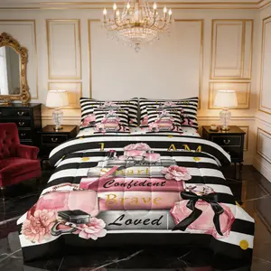 Feelyou Queen 7-Piece Microfiber Bedding Set - Soft, Breathable Abstract Black White Stripes & Pink Comforter with Modern Inspirational Quotes, Multi-Size Soft Bedding Sets, Bedroom Gift Bed-in-a-Bag for Women
