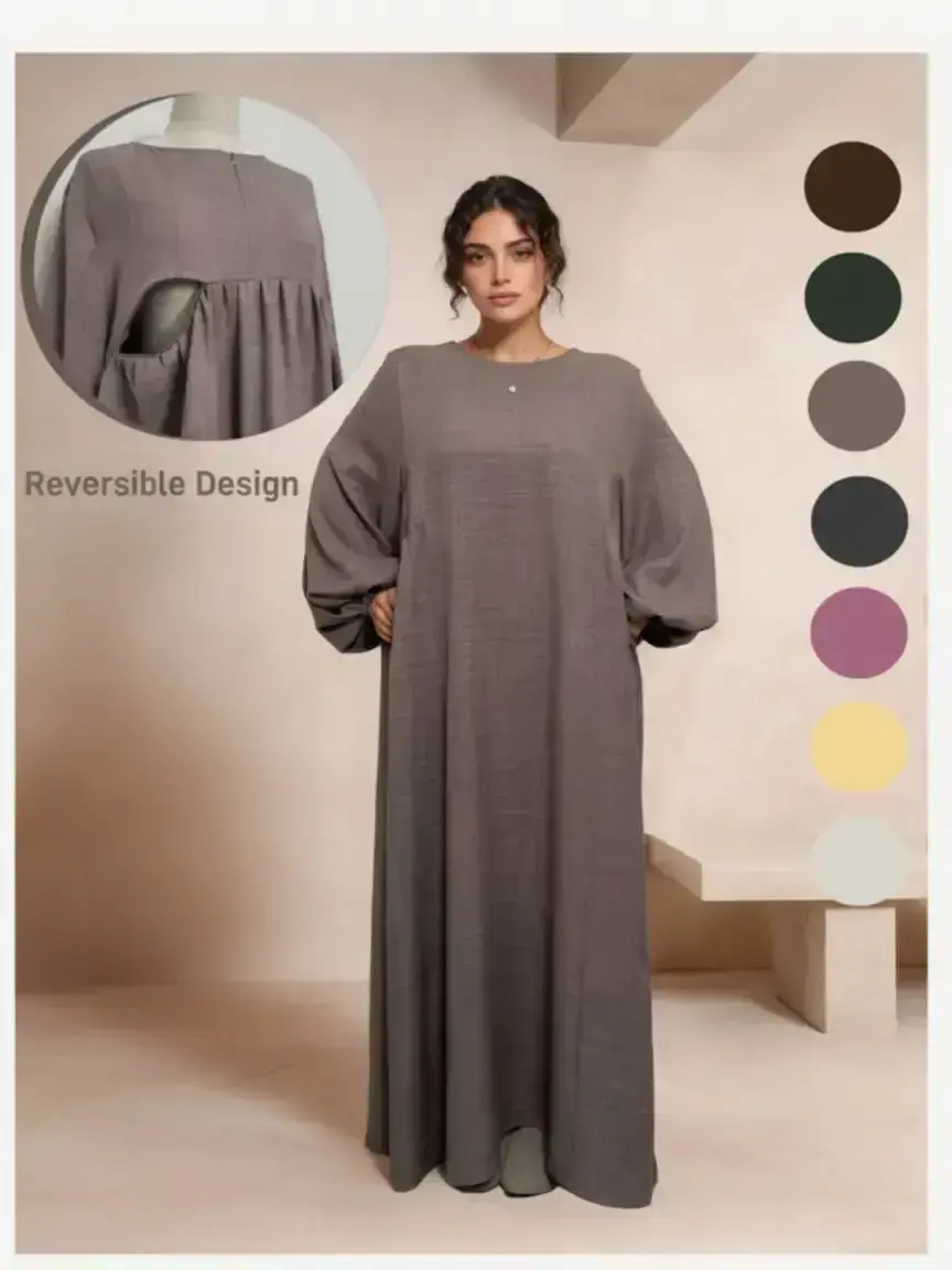 Women's Casual Loose-Fit Woven Dress, Long Sleeves, Solid Color Balloon Sleeve Design, Thin Fabric, All-Season Wearable, Womenswear, Garment