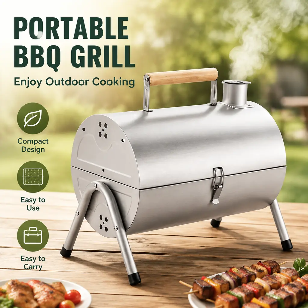 Compact Barrel-Shaped Charcoal BBQ Grill - Sturdy White Metal Enclosed Grill with Sturdy Base, Wooden Handle, Includes Grate & Thickened Charcoal Tray for Camping, Outdoor Cookouts