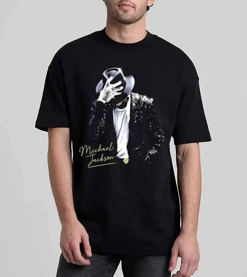Men's Michael Jackson King of Pop Cotton-Polyester Short-Sleeve T-Shirt - Halftone MJ Graphic Top, Classic Unisex, Breathable, Soft, Cold Wash, Round Neck, Casual Menswear (Compatible with Poster, Tumbler Wrap)