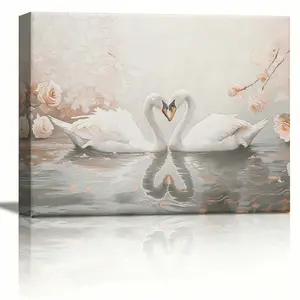 Romantic Swans Heart Oil Painting Canvas Wall Art, Elegant Swan Couple Print, Pink Rose Floral Decor, Aesthetic Bedroom/Living Room Art, Perfect Wedding/Anniversary Gift