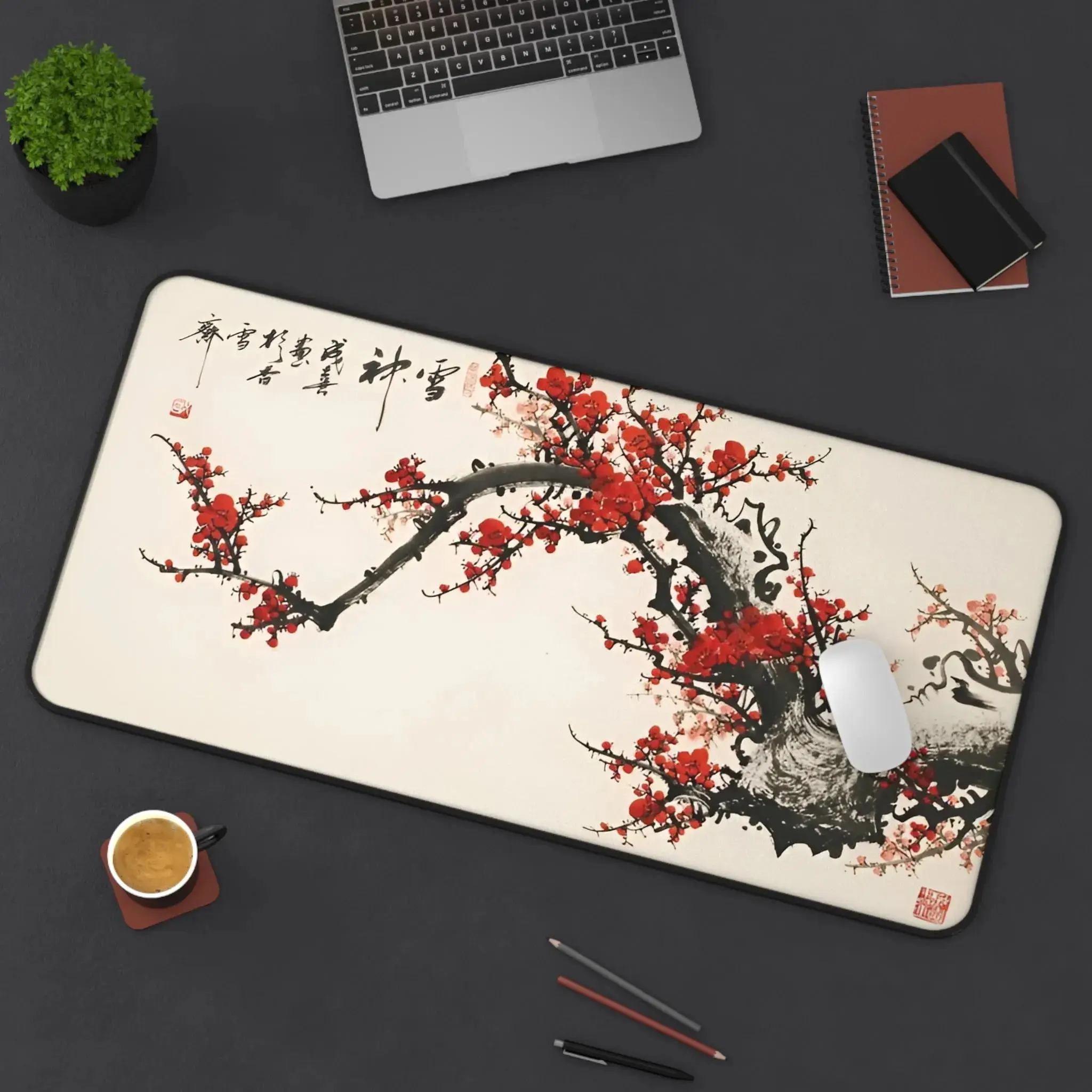 Elegant Red Cherry Blossom Desk Mat _ Decorative Office Décor _ Gaming Mouse Pad _ Artistic Workstation _ Gift for Them