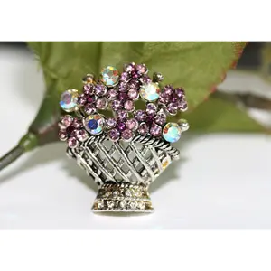 Vintage Flower Basket Brooch  Multicolor Pink Purple Rhinestones Brooch Pin Antique silver Flower Basket Brooch