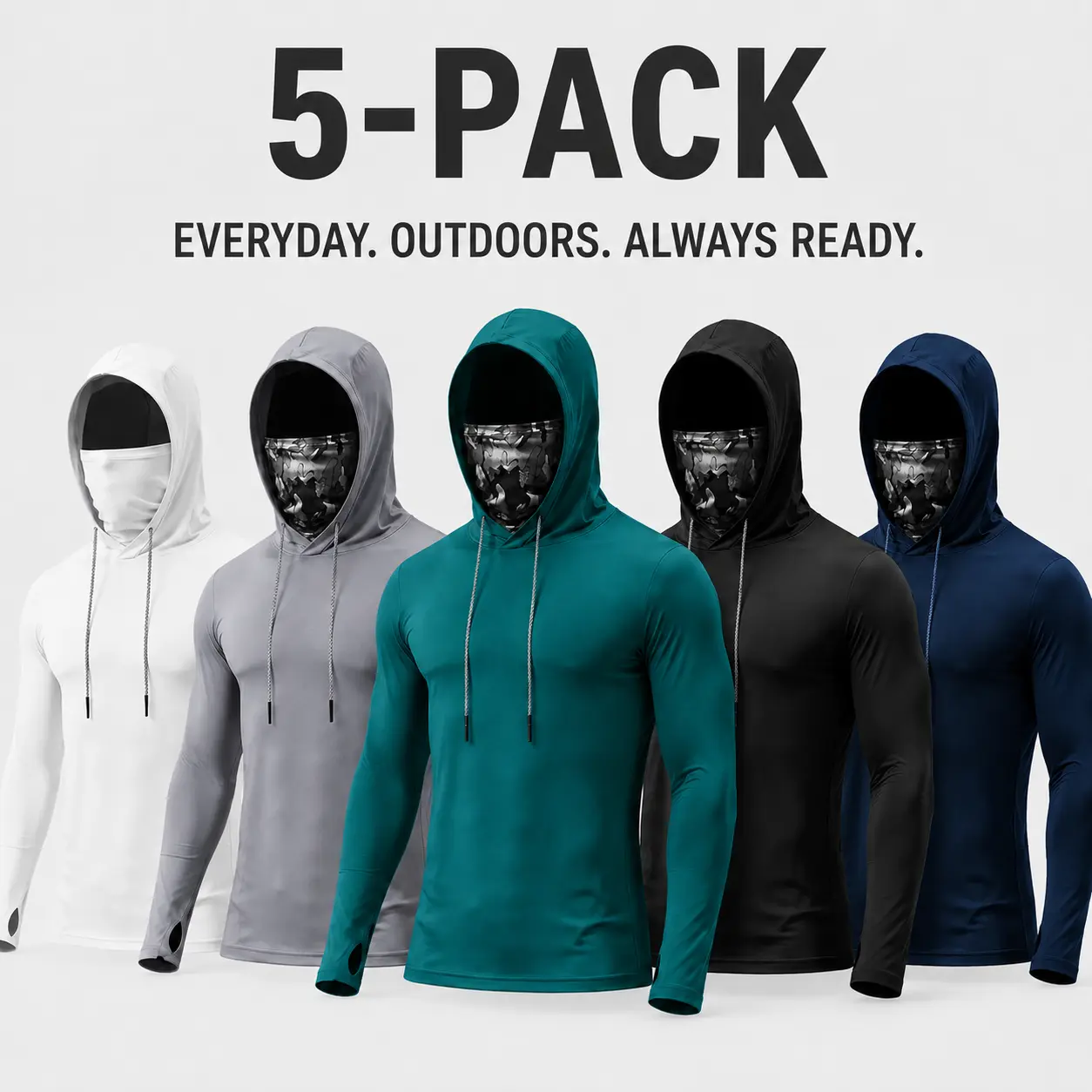 5 Pack Men's Hooded Fishing Shirts with Face Cover, UPF Sun Protection Lightweight Outdoor Work Shirts for Fishing, Hiking, Running