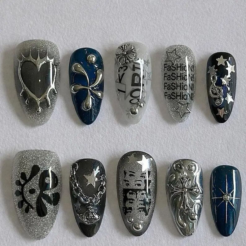 Cortis Edgy Chrome Press On Nails, Black Silver Star Cross Nails, Gothic Glam Metallic Nail Set Nail Art Kit Nail Box travelessentials